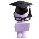 Purple character wearing a graduation cap and glasses with a smug expression.