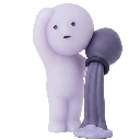 A small purple character standing under a stream of water pouring from a jug.