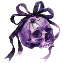 A purple skull decorated with a black bow and a small spider on its forehead.