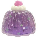 Purple jelly cake topped with white frosting and a pink cherry.