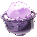 A small, round purple creature with closed eyes resting peacefully inside a dark bowl.