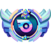 A glowing, colorful badge with wings and a central circular logo icon.