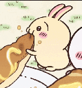 A cute yellow bunny happily eating a slice of pizza with a blush on its cheeks.