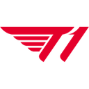 T1 logo featuring stylized red wings on a black background.