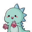 A cute blue dinosaur with pink pom-poms cheering enthusiastically.