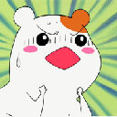 Ebichu the hamster with a wide-open mouth and panicked expression against a green sunburst background.