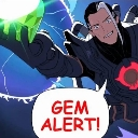 Anime character pointing at a glowing green gem with a speech bubble that says GEM ALERT.