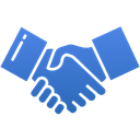 Handshake icon in blue representing agreement and partnership.