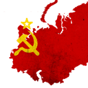Hammer and sickle symbol centered over a red textured map of the Soviet Union.