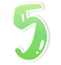 A stylized green number five with a white outline and cartoonish highlights.