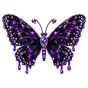 A pixel art butterfly with purple jewel wings and a dark, ornate body.