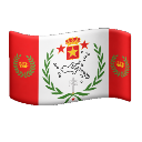 Trivicia flag waving with a central emblem, laurel wreath, and stars on a white and red background.