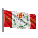 A waving flag with a gold emblem and laurel wreath on a red and white background.