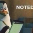Skipper the penguin looking smug while writing in a notebook with the word NOTED displayed above him.