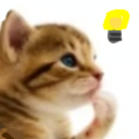 A tabby kitten resting its paw on its chin with a yellow lightbulb drawing above its head.