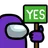 Purple Among Us crewmate holding a green sign that says YES.
