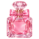 Perfume bottle with a pink bow and crystal cap sparkling against a black background.