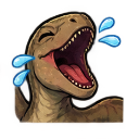 A brown dinosaur laughing with its mouth wide open and blue tears streaming from its eyes.