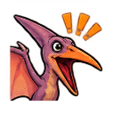 Pterodactyl with a wide open mouth and exclamation marks above its head expressing excitement.