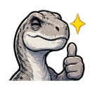 A gray dinosaur with a smug expression gives a thumbs up next to a sparkling gold star.