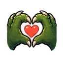 Green scaly clawed hands forming a heart shape around a red heart.
