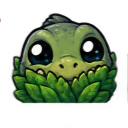 A small green creature with large black eyes peeking out from behind a dense green bush.
