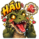 A green lizard with glowing star eyes and a drooling mouth looking at a piece of meat with hearts around it.