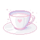 Teacup with a heart design sitting on a saucer with sparkling effects.