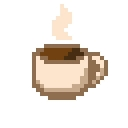 Coffee cup with steam rising in a simple pixel art style.