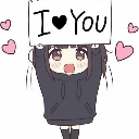 Chibi girl with dark hair holding a sign that says I love you surrounded by pink hearts.