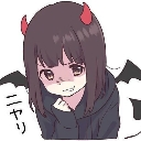 Anime girl with red devil horns and wings giving a mischievous smirk.