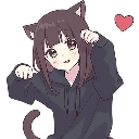 A cute anime girl with cat ears and a tail doing a paw pose with a heart icon nearby.