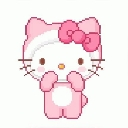 Hello Kitty wearing a pink bunny onesie with a bow and holding her paws up near her face.