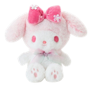 My Melody plush toy with a pink floral bow sitting and looking forward.