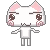 A white pixel cat with pink ears and blushing cheeks cheering with its arms raised.