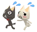 A black cat and a white cat running away with wide eyes and sweat drops indicating panic.