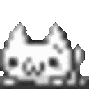 A white pixelated cat lying on its back with its feet in the air and a happy expression.