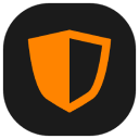 A stylized shield icon divided into two halves, one orange and one black.