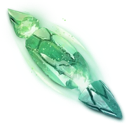 A glowing green crystal shard with sharp edges and a translucent, magical appearance.
