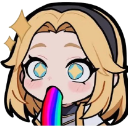 Lux with star-shaped eyes vomiting a colorful rainbow.