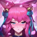 Ahri from League of Legends with pink hair and fox ears looking shy and blushing with a flustered expression.