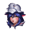 Anime cat girl with blue hair and a white hat making a pouty, annoyed facial expression.