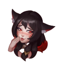 Ahri with black hair and fox ears blushing while covering her mouth with her hand.