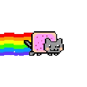 Nyan Cat with a pink Pop-Tart body flying forward while leaving a vibrant rainbow trail behind.