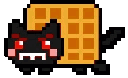 A pixelated black cat with glowing red eyes and a waffle body looking angry.