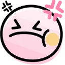 A round pink face with a closed-eye expression and a yellow cheek, featuring a pink anger vein symbol above its head.