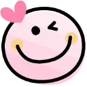 Pink smiley face with a simple black grin and yellow cheeks.