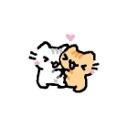 Two small kittens, one white and one orange, playfully wrestling and hugging with a small pink heart above them.