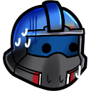 A futuristic helmet with a blue visor and red accents showing visible sweat drops to indicate nervousness.