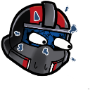 A stylized helmet with wide, panicked eyes and blue energy marks around it.